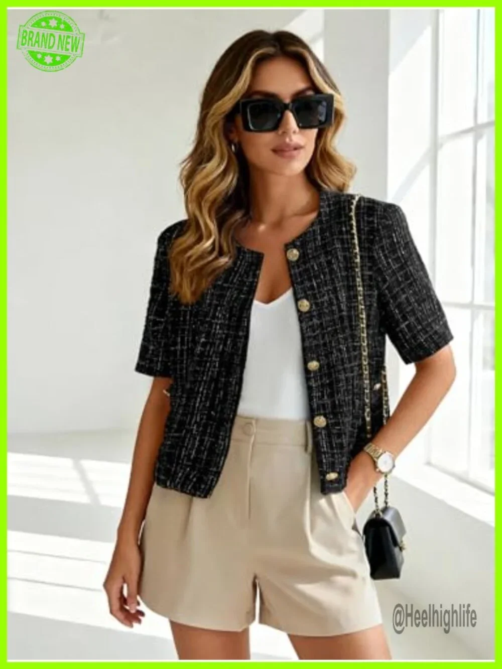 Women's Tweed Short Sleeve Cropped Blazer with Pockets Fully Lined Business